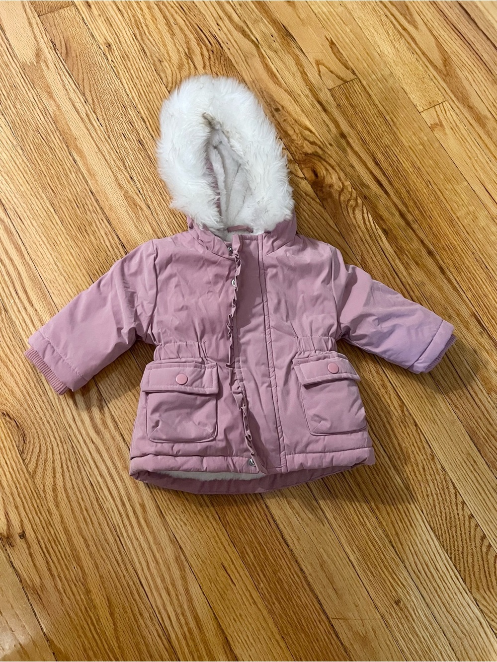 Kids Pink Hooded Winter Coat with Faux Fur Trim